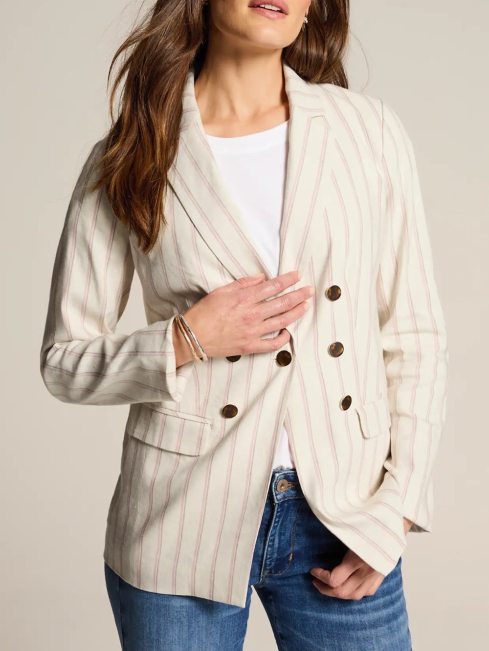 J. Jill Linen-Stretch Double-Breasted Ivory Pink Stripe blazer New NWT